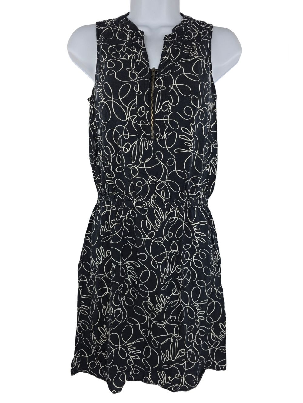 Banana Republic Size 4 Black Sleeveless Zip-Front Dress "HELLO" Print 3490-